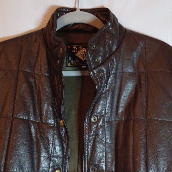 PEACOCK FEATHER Leather Jacket With Stand up Collar. XL. - Picture 7 of 12